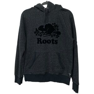 Roots Hoodie Mens Small Black Grey Salt Pepper Crushed Velvet Beaver Logo